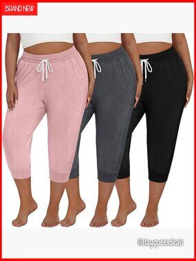 Plus Size Capris 3 Pack Cotton Lounge Yoga Pants Drawstring with Pockets